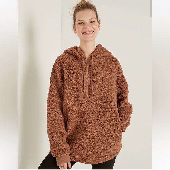 PINK Victorias Secret Brown Sherpa Teddy Sweater Hoodie New - Picture 2 of 10